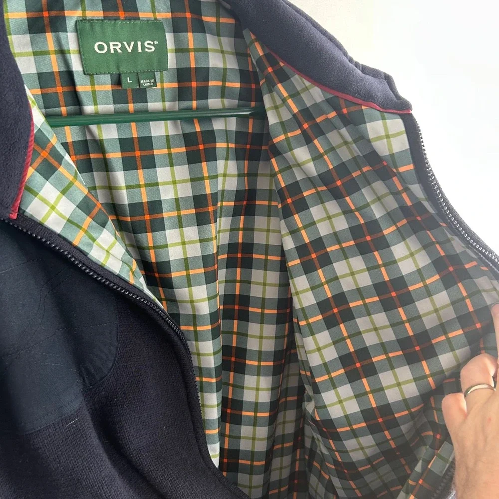 Orvis‎ Foul Weather Large Navy Blue Full Zip Shooting Sweater Plaid Lined Jacket